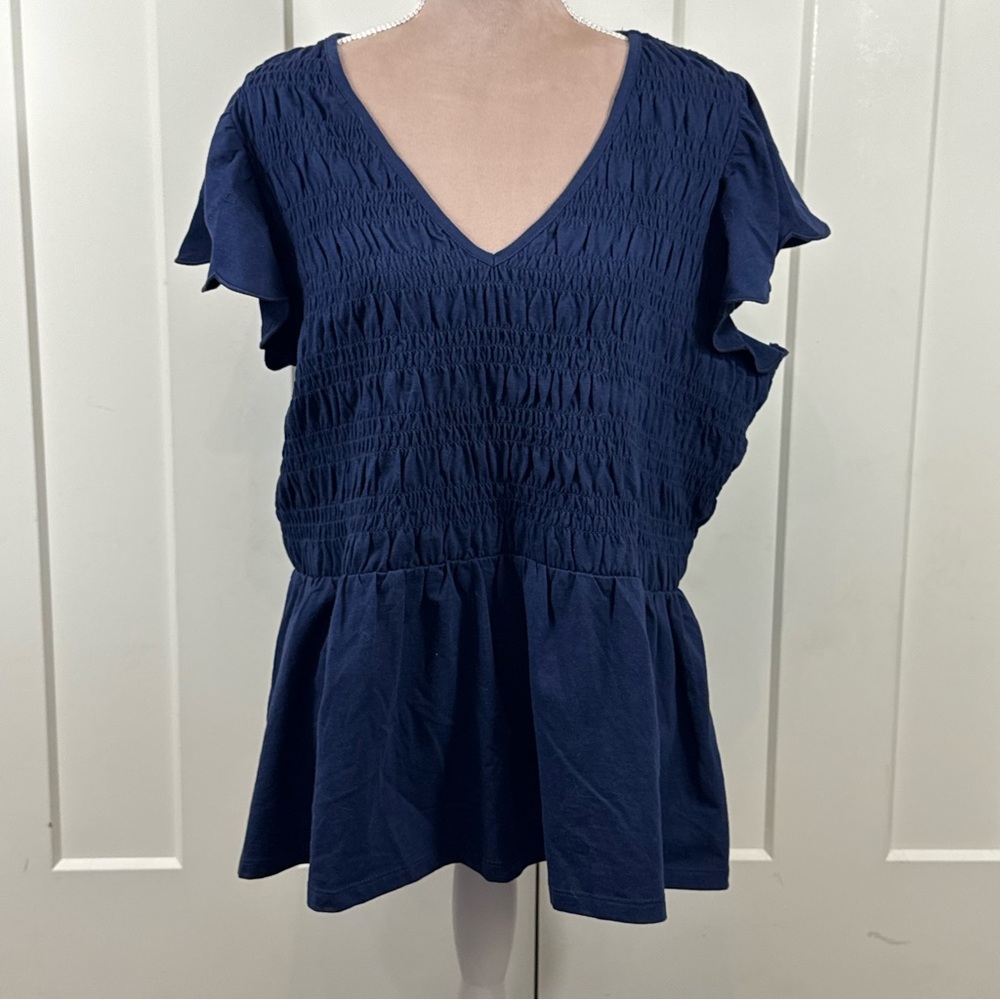 Lane‎ Bryant Navy Smocked V-Neck Peplum Blouse